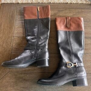 Authentic Bandolino BDCarly Riding Boots Real Leather 2 Tone Black Brown Size 7M